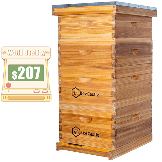 BeeCastle Hives 10 Frame 4 Layer Complete Cedar Wood Beehive Kit:Designed with 2 Deep Beehive Boxes and 2 Super Bee Boxes,with Premium Wooden Frames and Beeswax Plastic Foundation