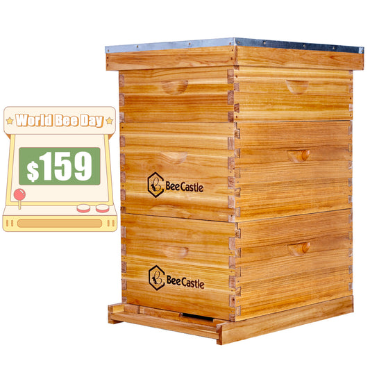 BeeCastle Hives 10 Frame Wax Coat Complete Beehive Kit:2 Designed Deep Hives and 1 Medium Box.Crafted with Expert Precision,Includes Premium Wooden Frames and Beeswax-Plastic Foundation