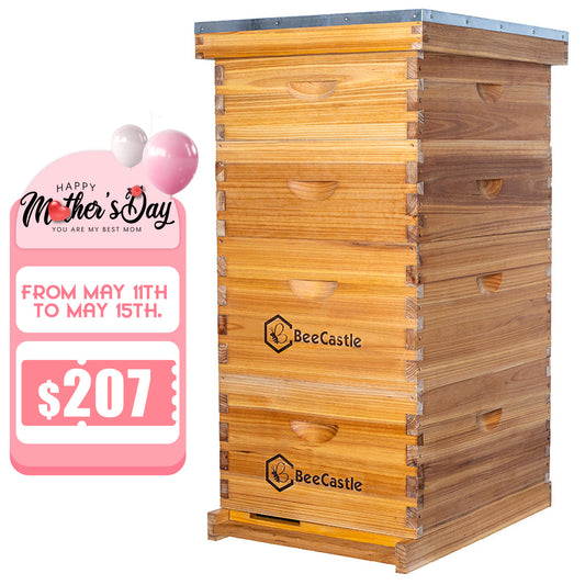 BeeCastle Hives 10 Frame 4 Layer Complete Cedar Wood Beehive Kit:Designed with 2 Deep Beehive Boxes and 2 Super Bee Boxes,with Premium Wooden Frames and Beeswax Plastic Foundation