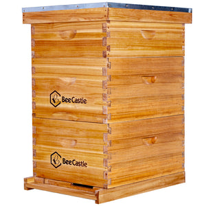 BeeCastle Hives 10 Frame Wax Dipped Complete Beehive Kit:2 Designed Deep Bee Boxes and 1 Super Medium Box,Includes Premium Wooden Frames and Beeswax-Plastic Foundation